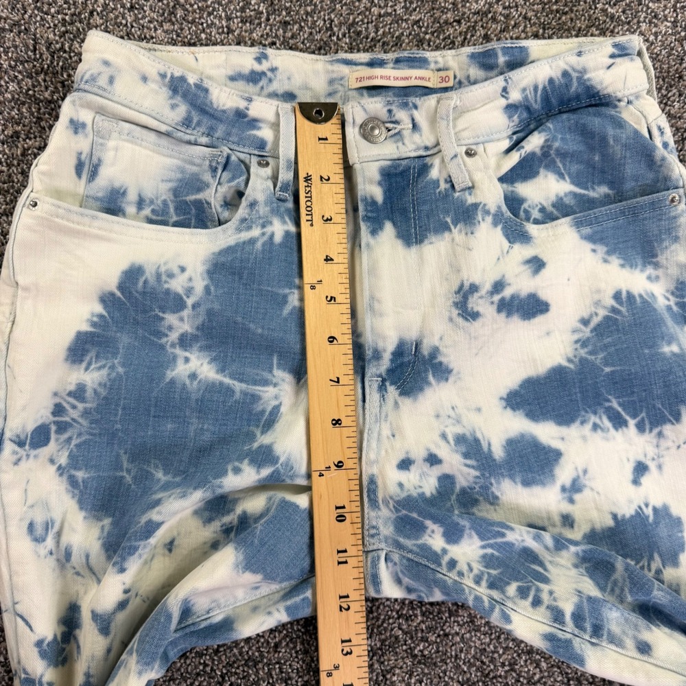 Levis 721 High Rise Skinny Ankle Tie Dye Jeans Blue White Raw Hem Womens 30 - Picture 10 of 13